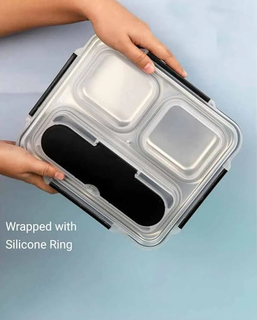 High Steel Container Rectangle Lunch Box With Bag For Office & School | 3 Pots Black