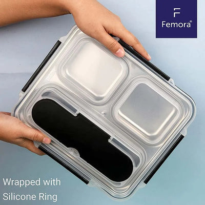 Black High Steel Rectangle Lunch Box Container | Not Leakproof | 3 Pots Default Title