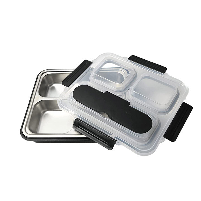 Black High Steel Rectangle Lunch Box Container | Not Leakproof | 3 Pots Default Title