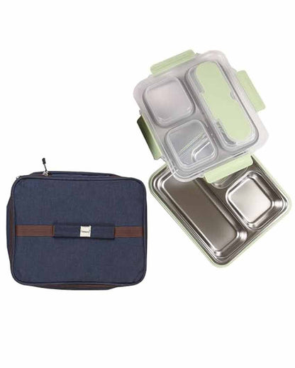 High Steel Container Rectangle Lunch Box With Bag For Office & School | 3 Pots Green