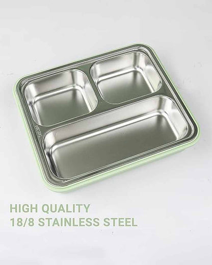 High Steel Container Rectangle Lunch Box With Bag For Office & School | 3 Pots Green