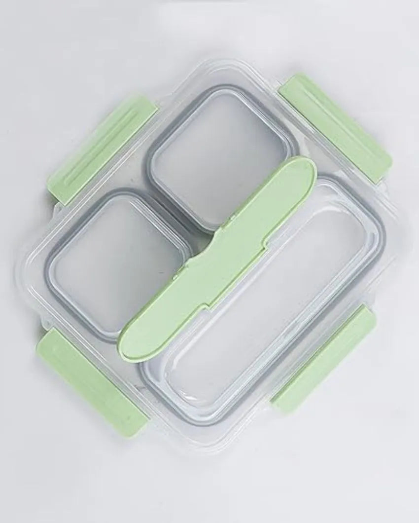 High Steel Container Rectangle Lunch Box With Bag For Office & School | 3 Pots Green