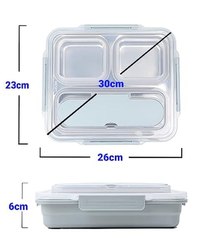 High Steel Container Rectangle Lunch Box With Bag For Office & School | 3 Pots Green