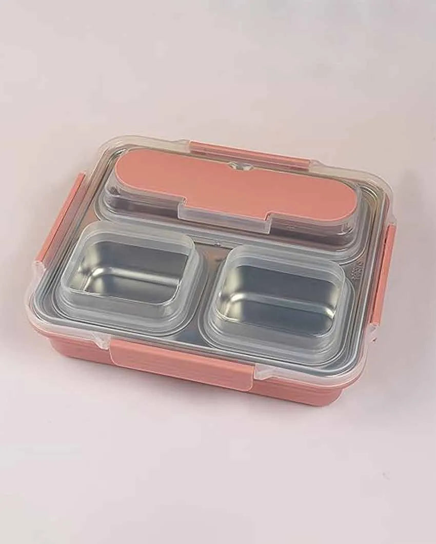 High Steel Container Rectangle Lunch Box With Bag For Office & School | 3 Pots Pink