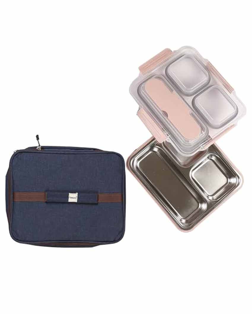 High Steel Container Rectangle Lunch Box With Bag For Office & School | 3 Pots Pink