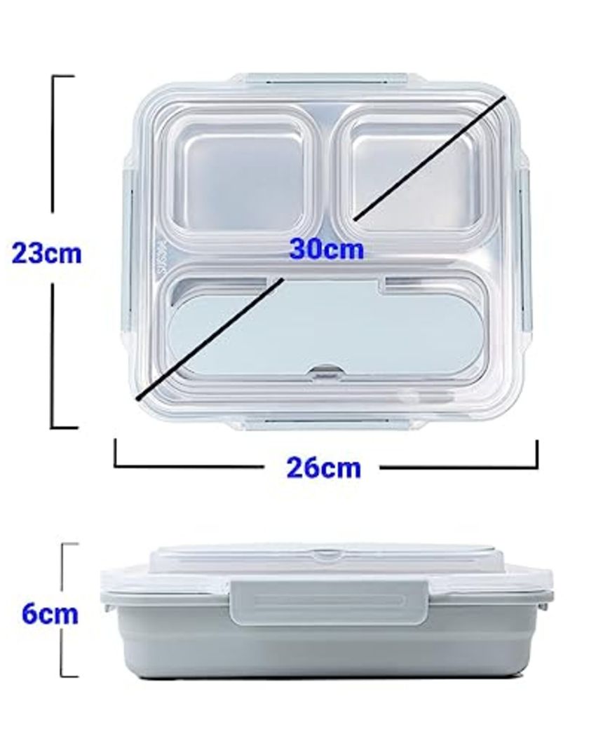 High Steel Container Rectangle Lunch Box With Bag For Office & School | 3 Pots Grey