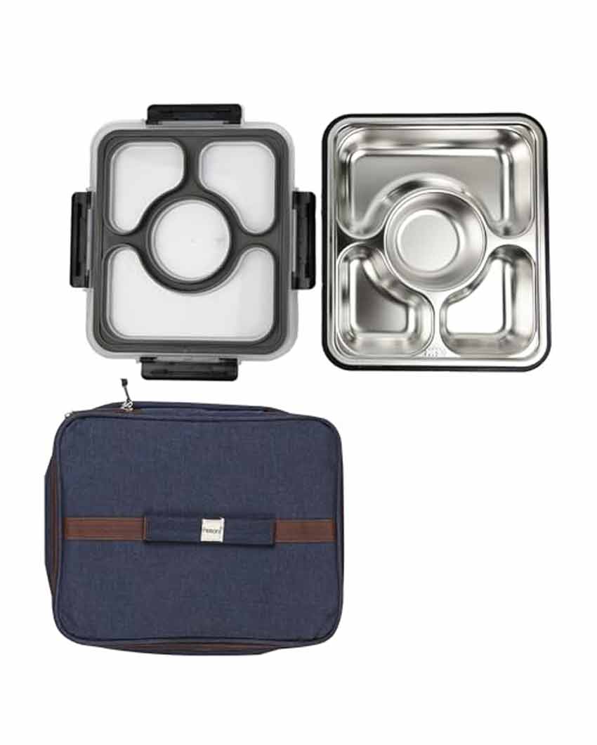 Stainless Steel Container Rectangle Lunch Box With Bag For Office & School | 4 Pots Black