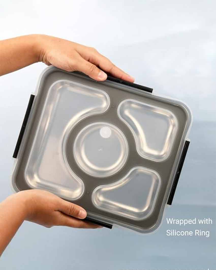 Stainless Steel Container Rectangle Lunch Box With Bag For Office & School | 4 Pots Black