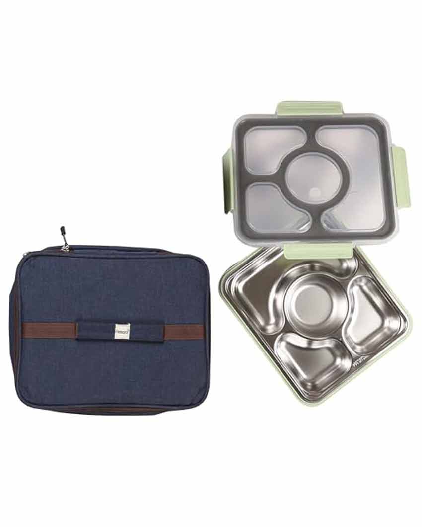 Stainless Steel Container Rectangle Lunch Box With Bag For Office & School | 4 Pots Green