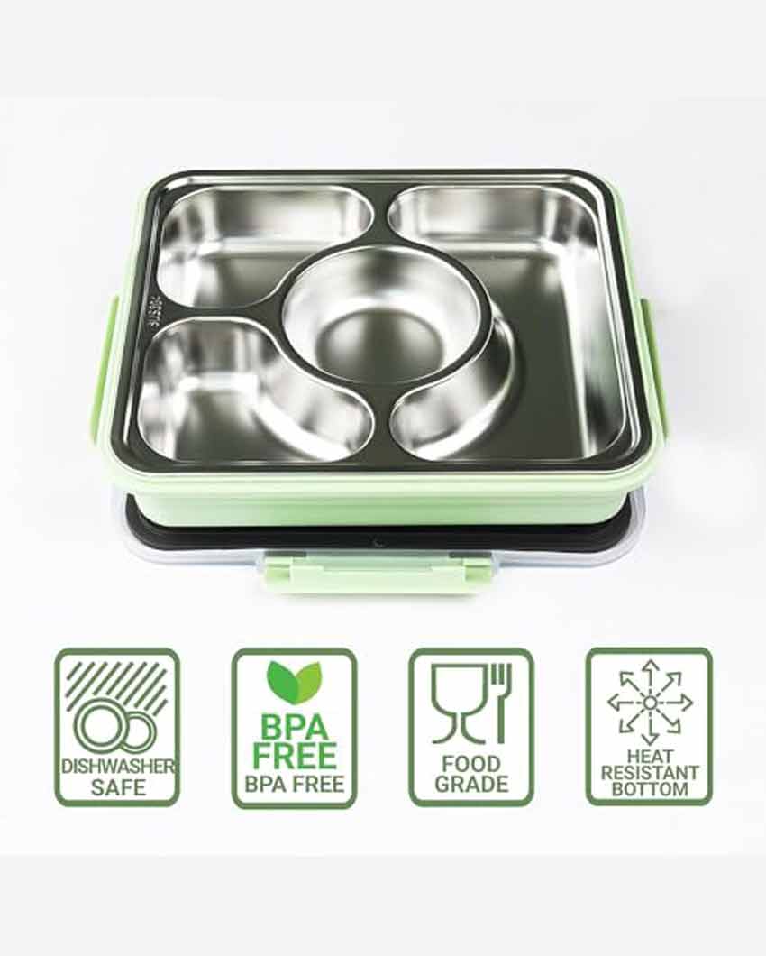 Stainless Steel Container Rectangle Lunch Box With Bag For Office & School | 4 Pots Green