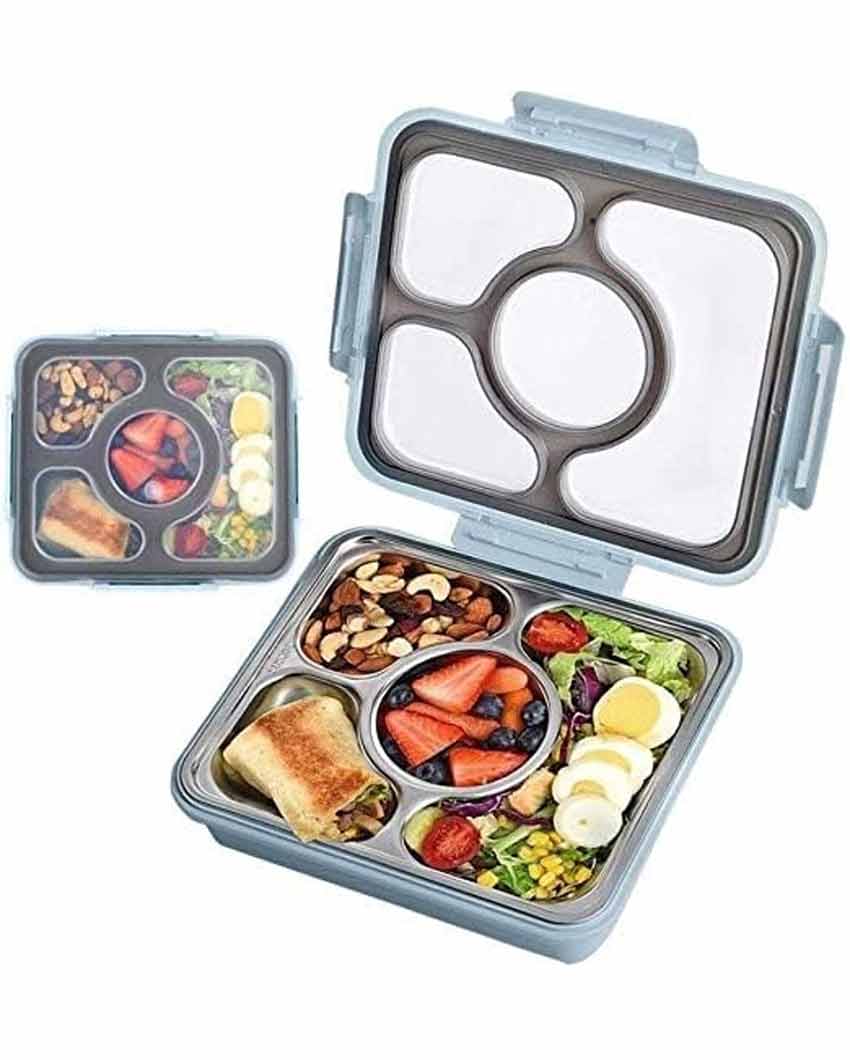 Stainless Steel Container Rectangle Lunch Box With Bag For Office & School | 4 Pots Grey