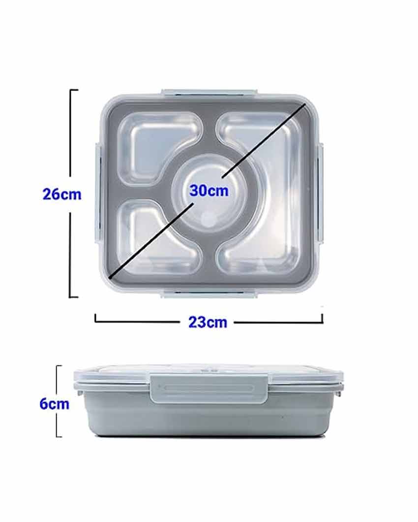 Stainless Steel Container Rectangle Lunch Box With Bag For Office & School | 4 Pots Grey