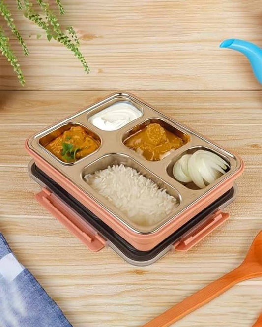 Rectangle Shaped Stainless Steel Lunch Box Container With Bag | Not Leakproof | 5 Pots Pink