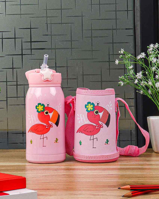 Flamingo Design Hot & Cold Stainless Steel Bottle With Bag | 550 Ml