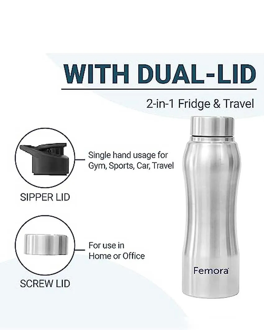 Majestic Stainless Steel Water Bottles With Steel Cap & Sipper Cap | 750 Ml Set of 2