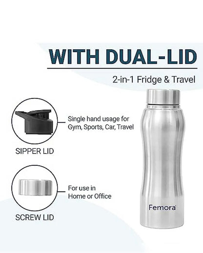 Majestic Stainless Steel Water Bottles With Steel Cap & Sipper Cap | 750 Ml Set of 4