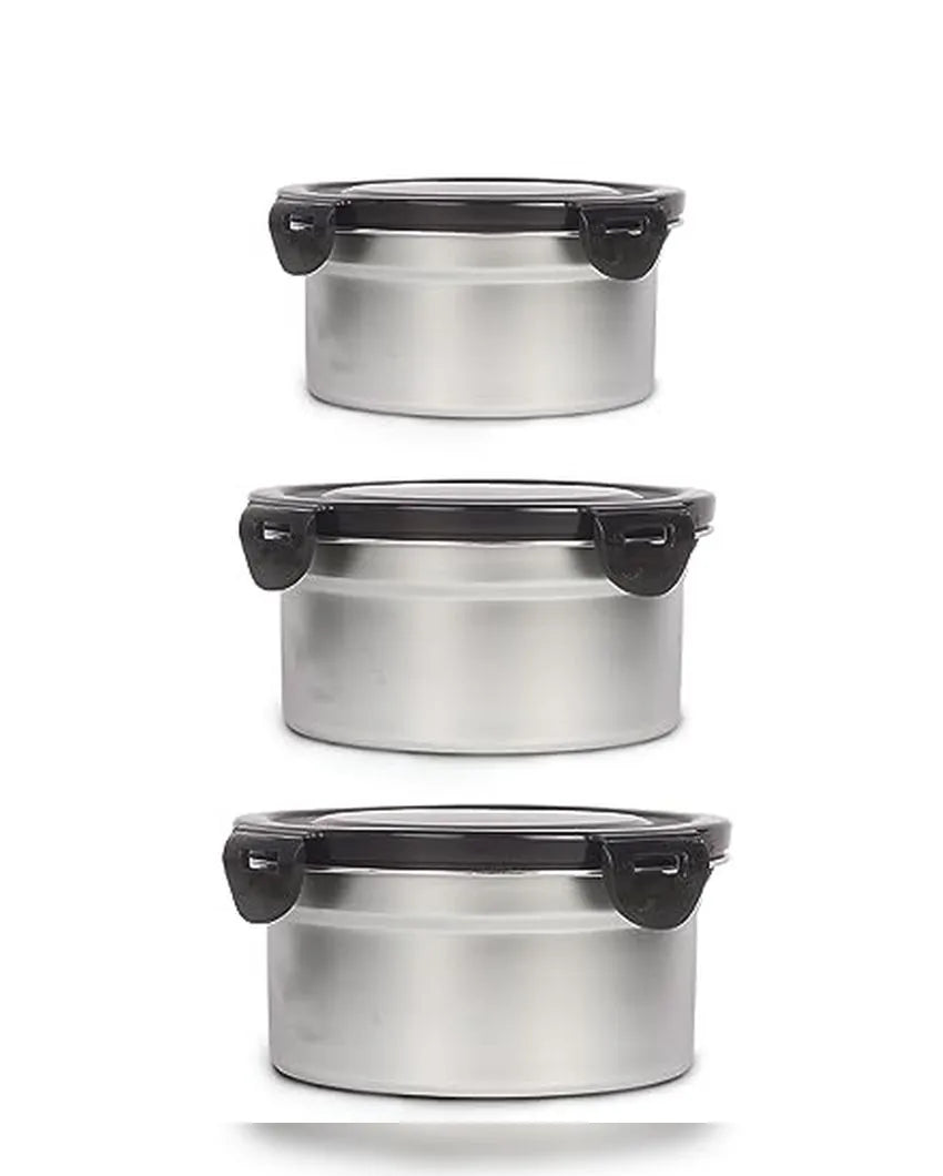 High Steel Round Heavy Duty Airtight With Lock Lid Lunch Boxes| Set of 3 | 350, 550, 850 ML