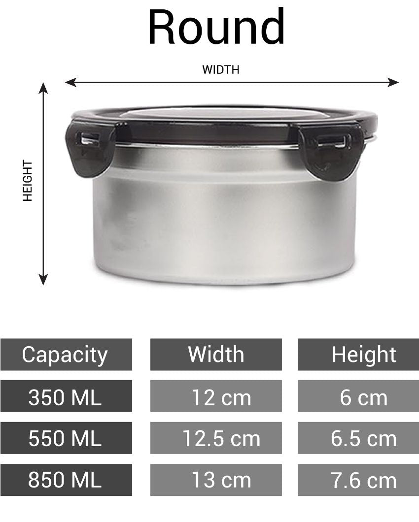 High Steel Round Heavy Duty Airtight With Lock Lid Lunch Boxes| Set of 3 | 350, 550, 850 ML