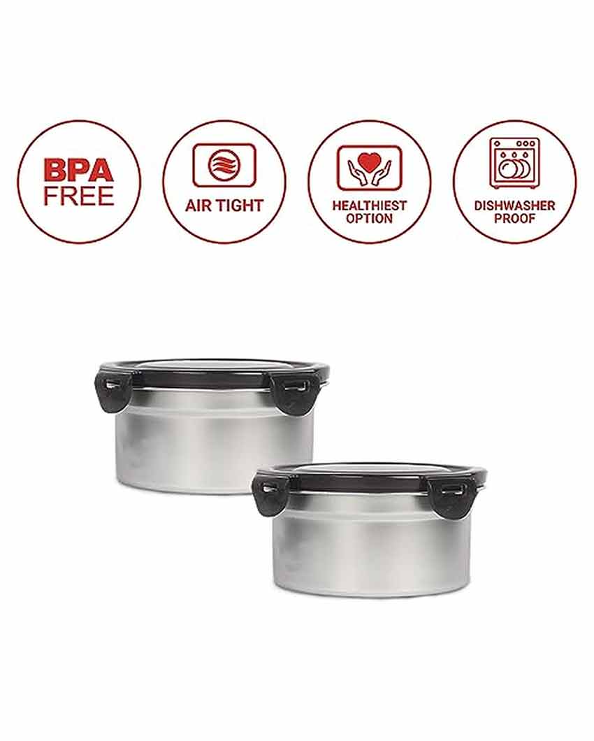 High Steel Round Airtight Leakproof  Lunch Box With Lock Lid | 350 ML Set Of 2