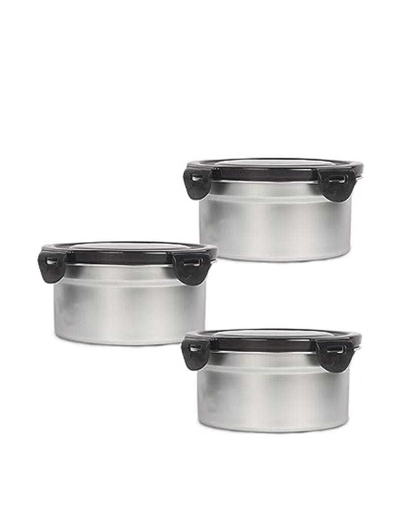 High Steel Round Airtight Leakproof  Lunch Box With Lock Lid | 350 ML Set Of 3