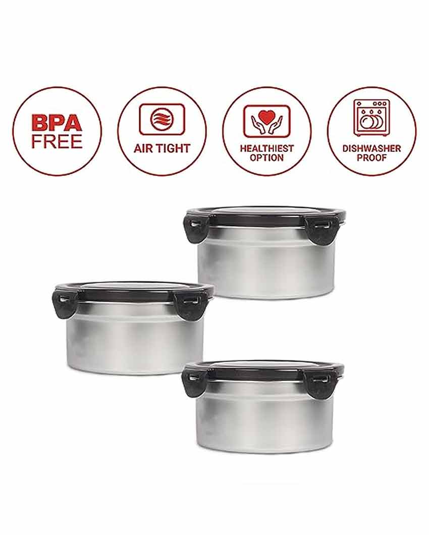 High Steel Round Airtight Leakproof  Lunch Box With Lock Lid | 350 ML Set Of 3