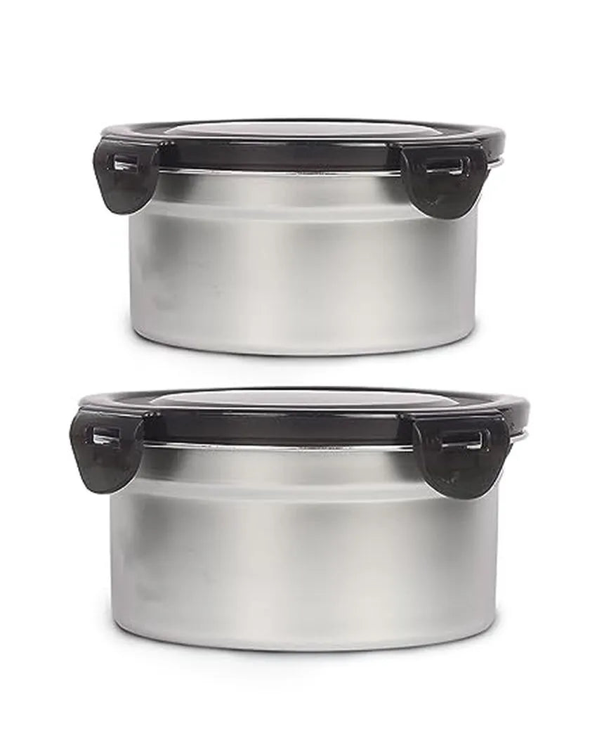 Silver Round Airtight Leakproof With Lock Lid Lunch Box | 350 & 550 ML | Set of 2