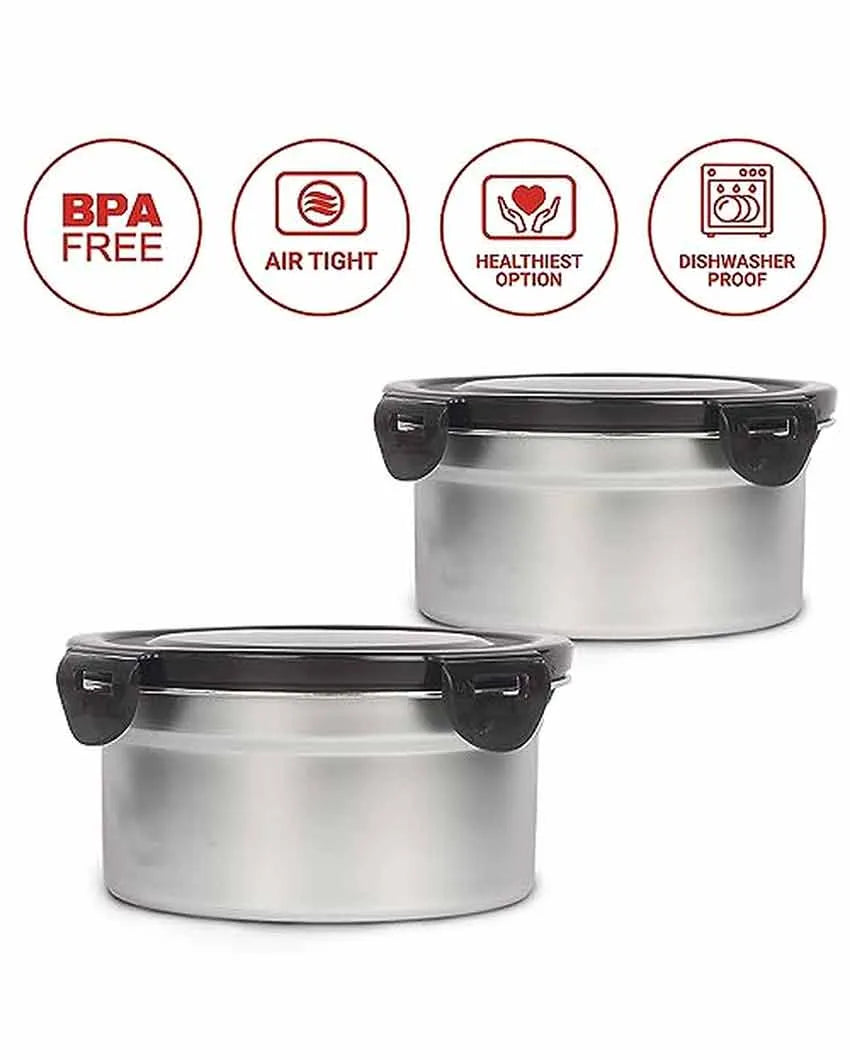 Silver Round Airtight Leakproof With Lock Lid Lunch Box | 350 & 550 ML | Set of 2