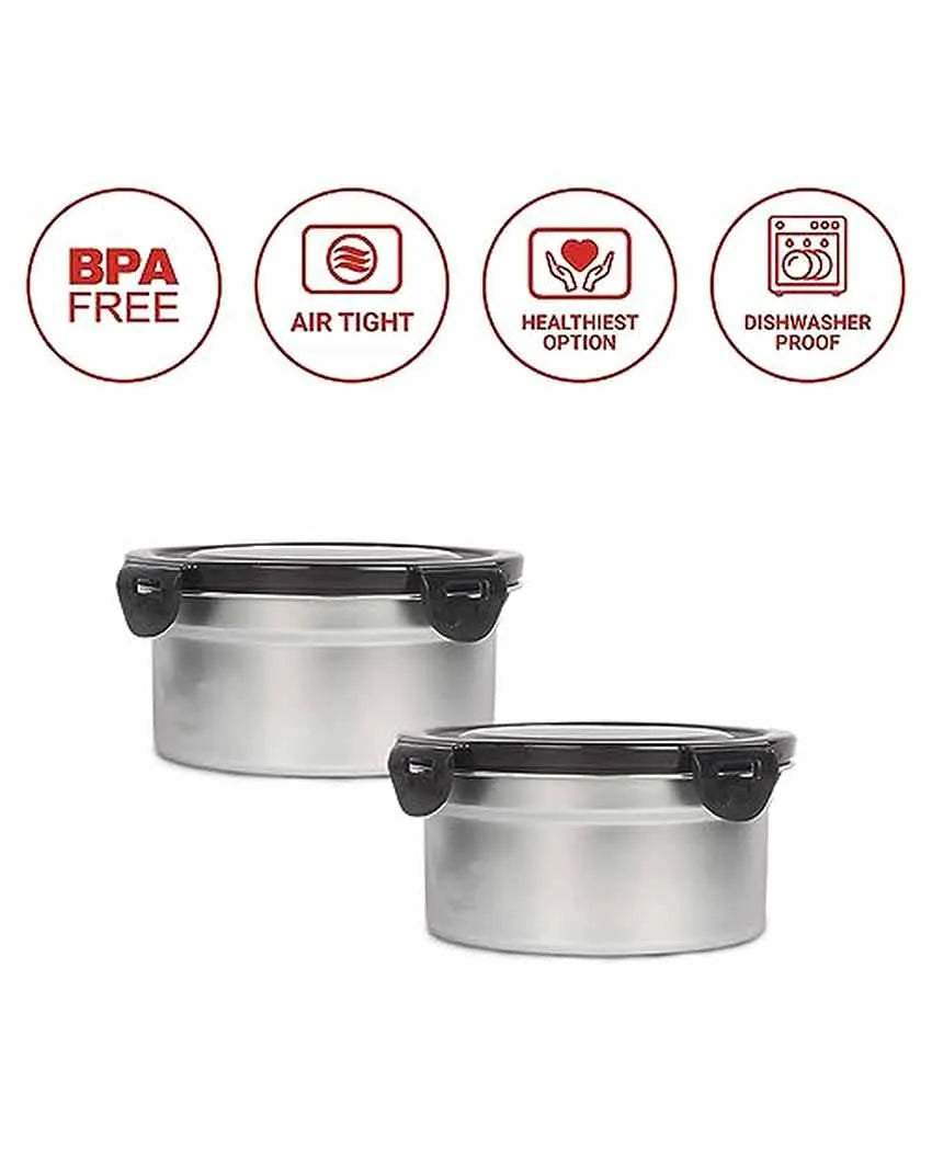 Steel Round Heavy Duty Airtight Leakproof Lunch Box With Lock Lid | 550 ML Set Of 2