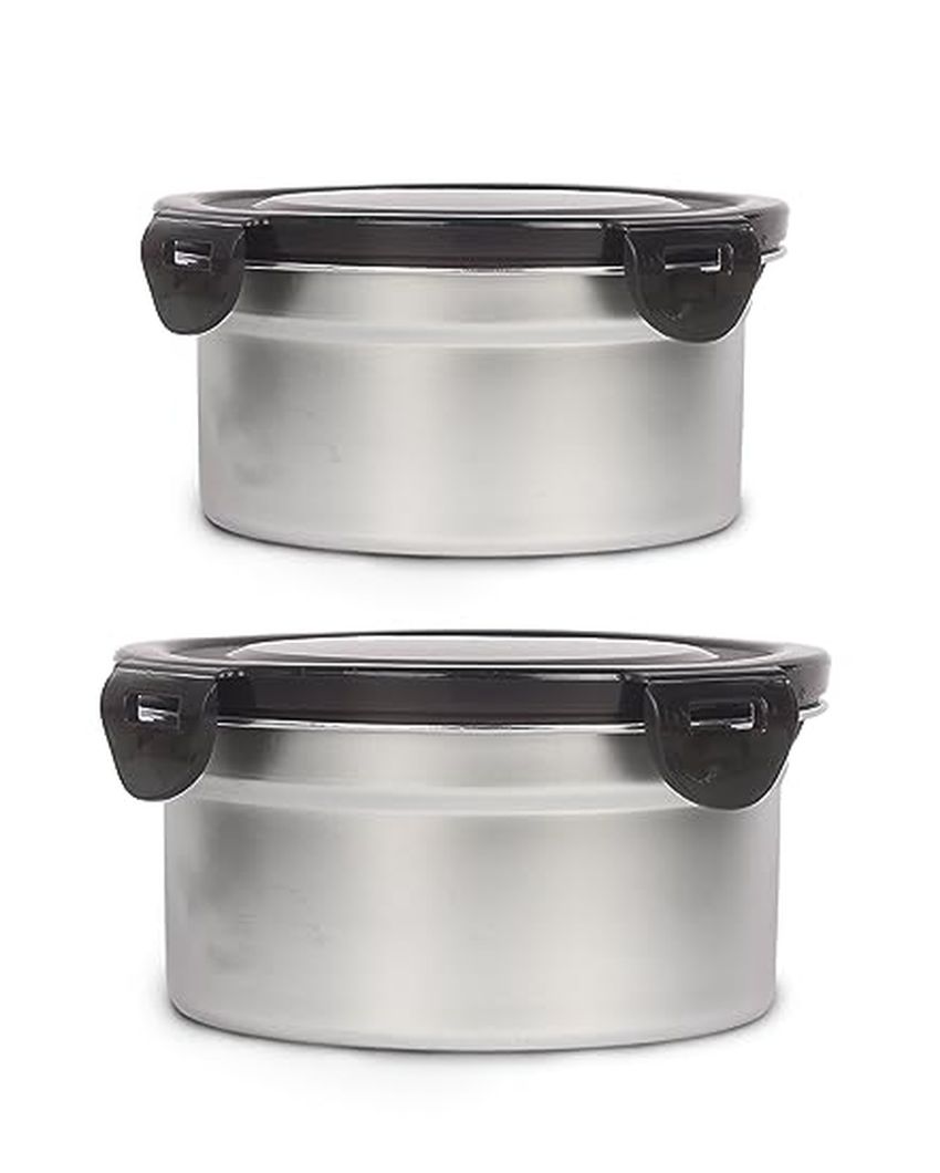 Silver Round Airtight & Leakproof  Lunch Box With Lock Lid | Set of 2 | 550 & 850 ML