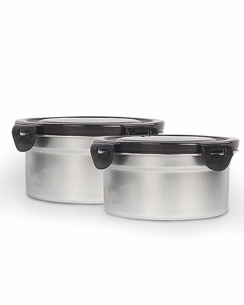 Heavy Duty Stainless Steel Round Leakproof  Container Lunch Box With Lock Lid | 850 ML Set Of 2