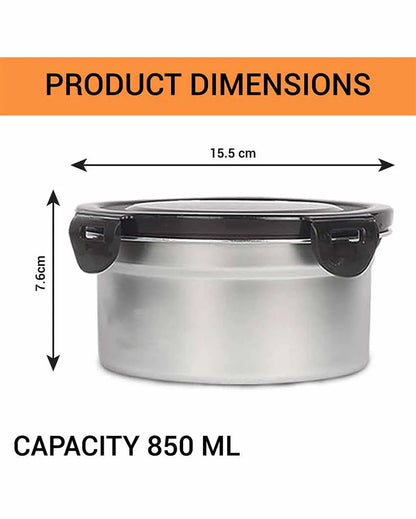 Heavy Duty Stainless Steel Round Leakproof  Container Lunch Box With Lock Lid | 850 ML Set Of 2