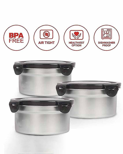 Heavy Duty Stainless Steel Round Leakproof  Container Lunch Box With Lock Lid | 850 ML Set Of 3