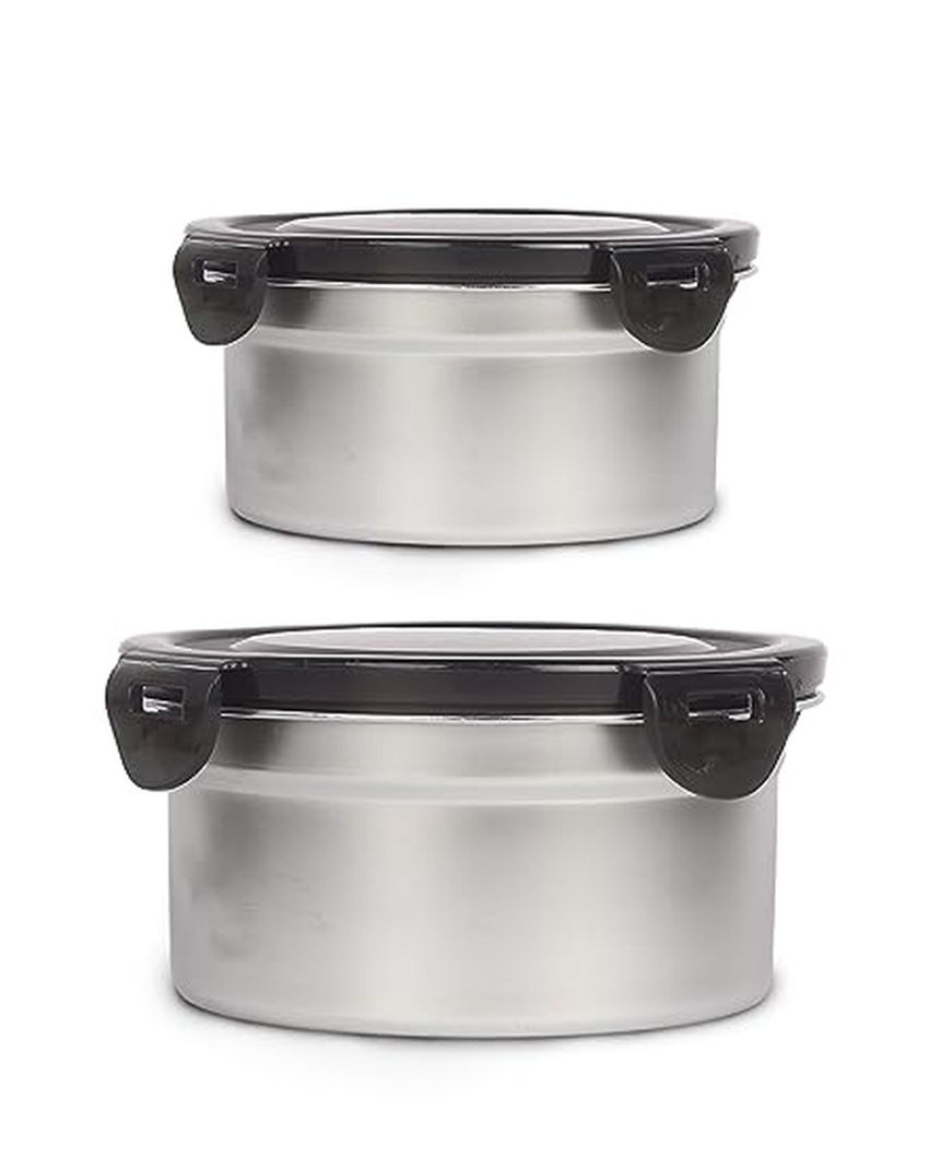 Round Stainless Steel Leakproof  Lunch Box With Lock Lid | Set of 2 | 850 & 350 ML