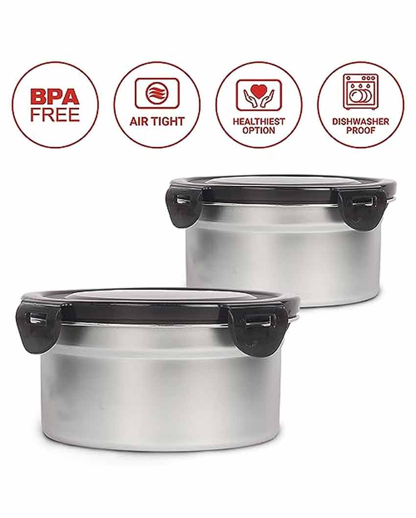 Round Stainless Steel Leakproof  Lunch Box With Lock Lid | Set of 2 | 850 & 350 ML