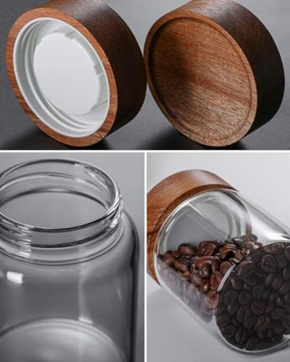 Lucero Borosilicate Glass Screw Jar With Wooden Lid | 750ml Set Of 2