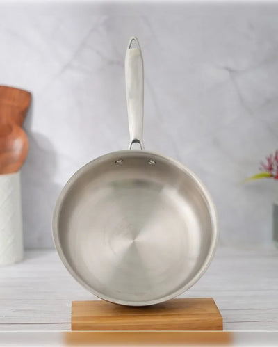 Stainless Steel Flat Fry Pan Bonded Tri-Ply Bottom With Steel Handle | Safe For All Cooktops