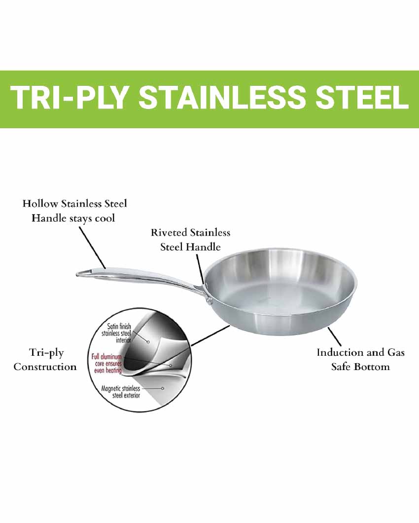 Stainless Steel Flat Fry Pan Bonded Tri-Ply Bottom With Steel Handle | Safe For All Cooktops
