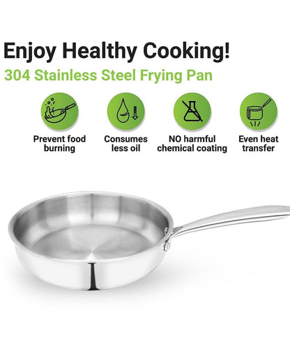 Stainless Steel Flat Fry Pan Bonded Tri-Ply Bottom With Steel Handle | Safe For All Cooktops