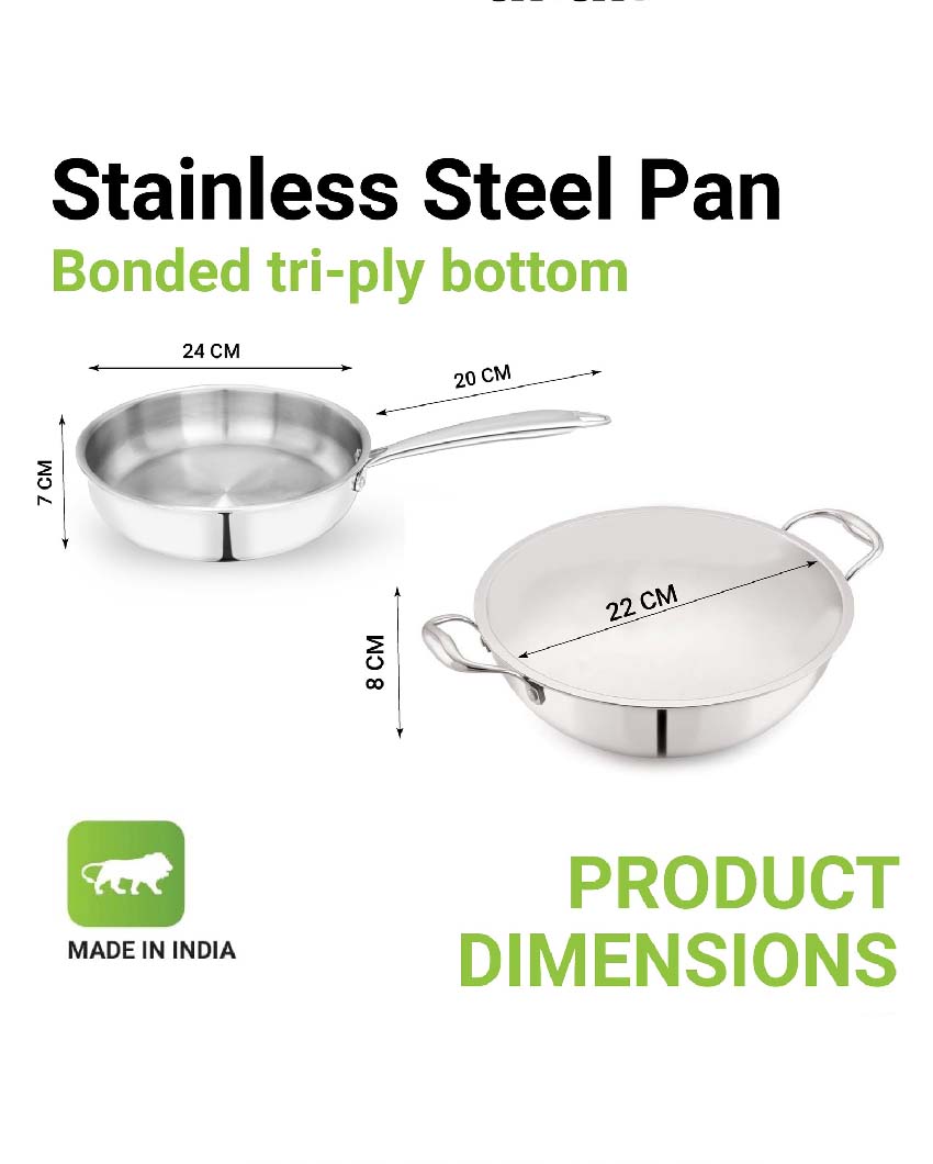 Silver Triply Stainless Steel Frypan With Kadhai | Safe For All Cooktops 24 Inches