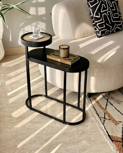 Kovo Rattan Iron 2-Tier Table | Black | 24 x 10 x 26 inches