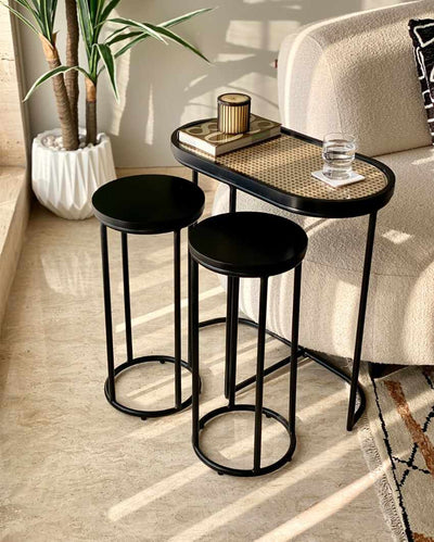 Kovo Rattan Charcoal Iron Side Tables | Black  | Set Of 3