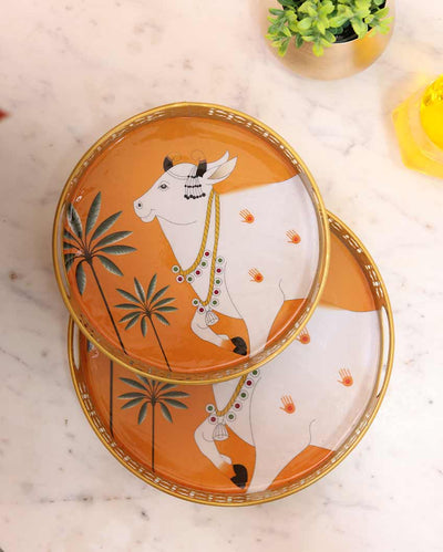 Cow Round Orange Pichwai Trays | Set of 2