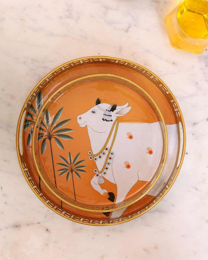 Cow Round Orange Pichwai Trays | Set Of 2