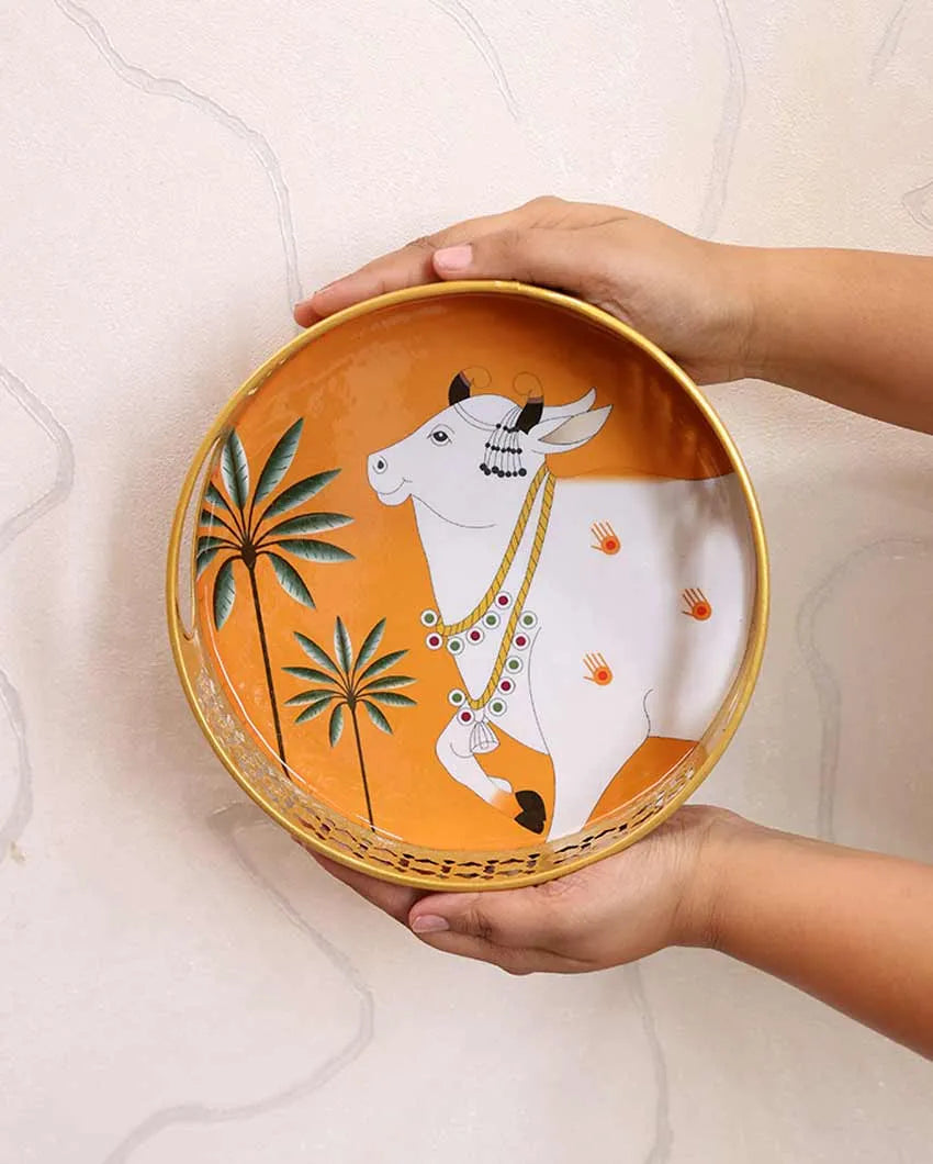 Cow Round Orange Pichwai Trays | Set of 2