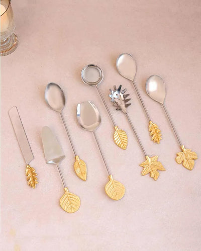 Gold Leaf & Silver Steel Servers | Set of 8