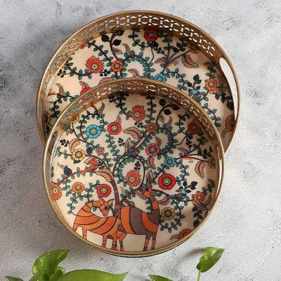 Peacock Round White Pichwai Trays | Set Of 2 - Dusaan