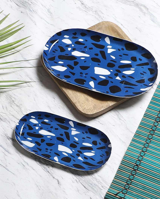 Blue & Black Metal Oval Platters | Set of 2