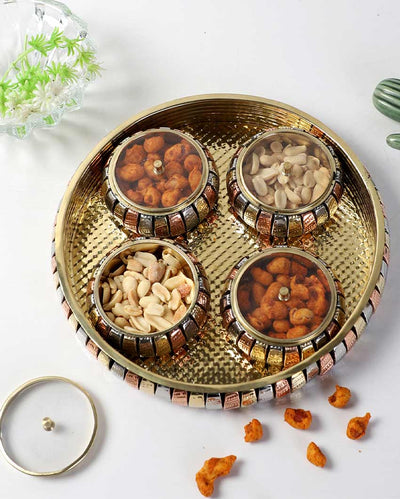 Brass Round Tray with 4 Jars Set