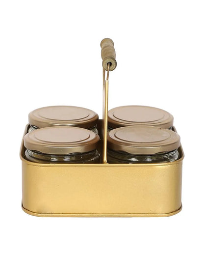 Metal Basket with 4 Glass Jars Set