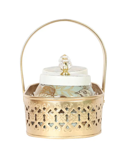 Bird Print Metal 2 Jars with Basket Set